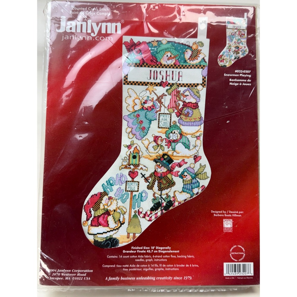 Vintage Janlynn Cross Stitch Kit Christmas Stocking Snowmen Playing